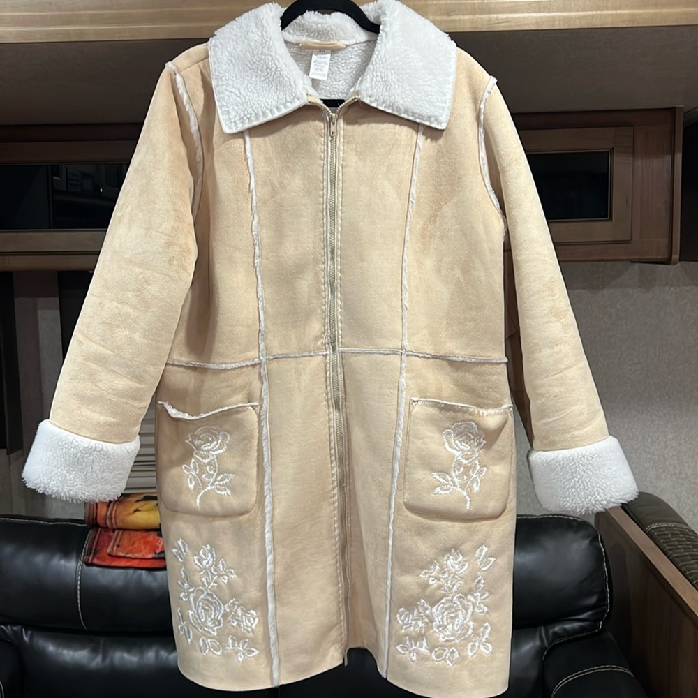 Boho Faux Suede Jacket Coat Zip Up Embroidery detail Womens Size 1X